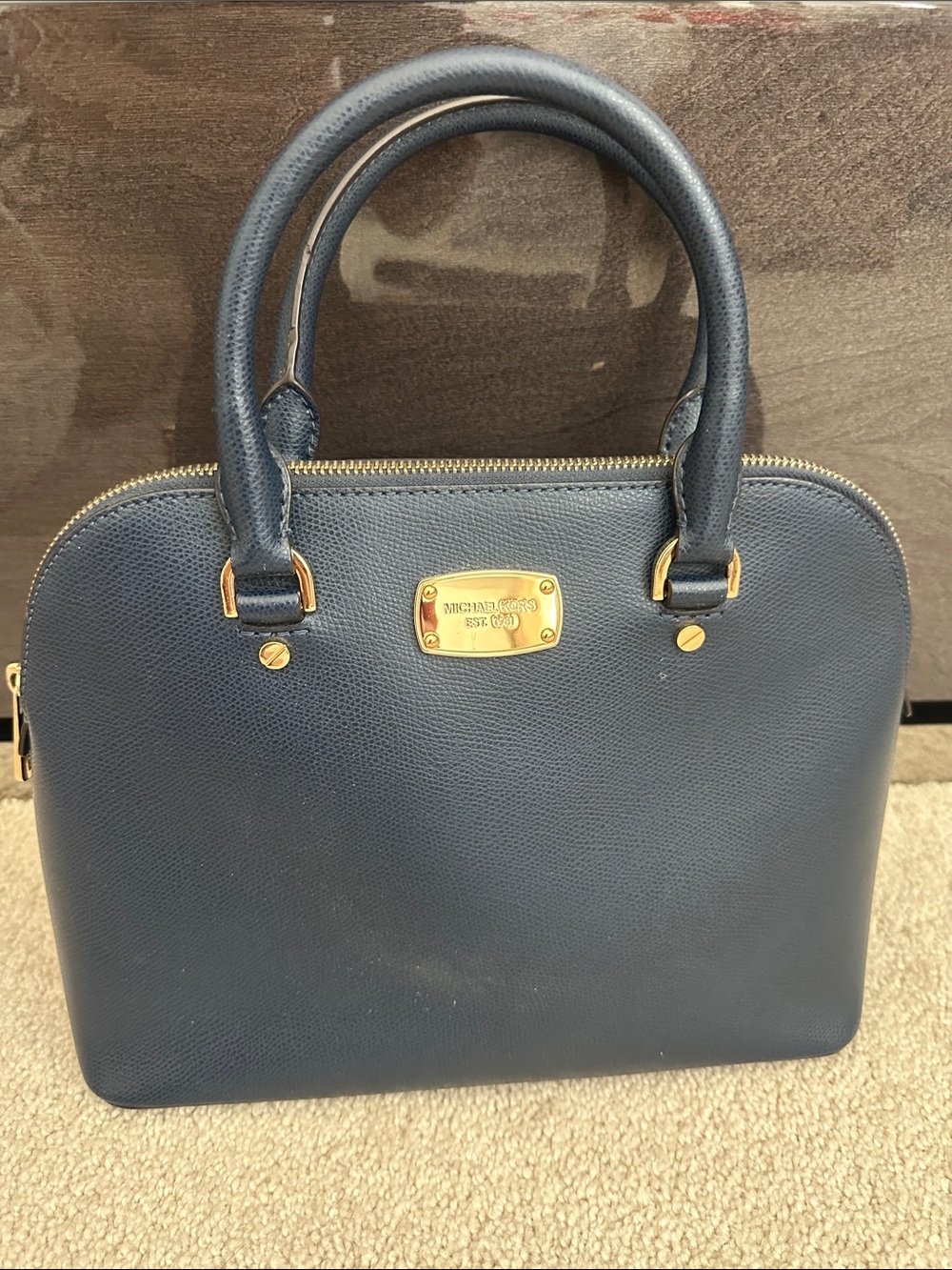 Michael Kors Navy Leather Dome Satchel with Gold Hardware